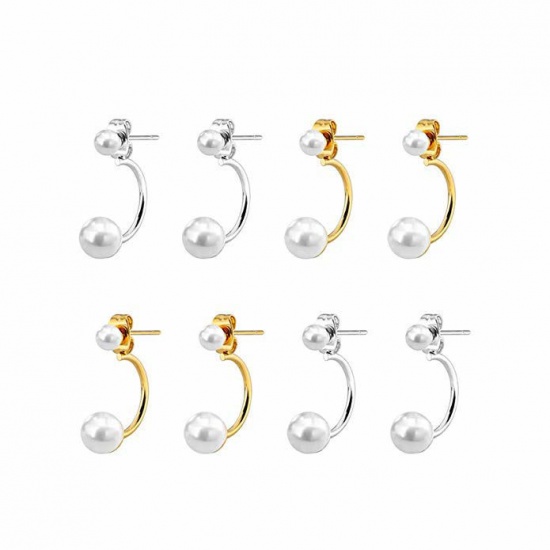 Picture of Titanium Steel Ear Jacket Stud Earrings Gold Plated & Silver Tone Ball Imitation Pearl 24mm x 8mm, 1 Packet(4 Pairs)