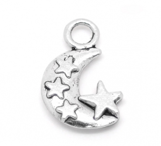 Picture of Zinc Based Alloy Charms Half Moon Antique Silver Color Star Carved 20mm( 6/8") x 12mm( 4/8"), 60 PCs