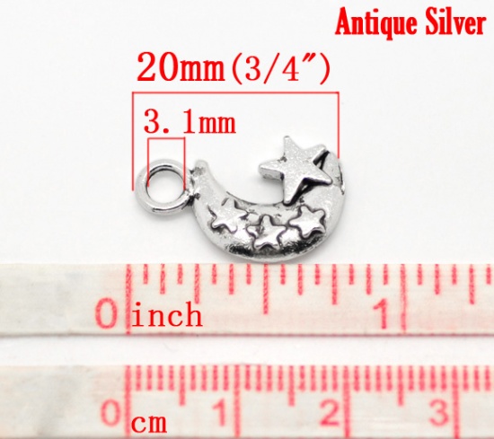 Picture of Zinc Based Alloy Charms Half Moon Antique Silver Color Star Carved 20mm( 6/8") x 12mm( 4/8"), 60 PCs