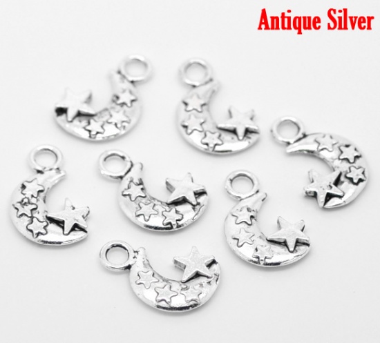 Picture of Zinc Based Alloy Charms Half Moon Antique Silver Color Star Carved 20mm( 6/8") x 12mm( 4/8"), 60 PCs