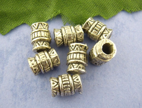 Picture of Zinc Based Alloy Spacer Beads Barrel Antique Silver Color Stripe Carved About 7mm x 5mm, Hole:Approx 3mm, 100 PCs