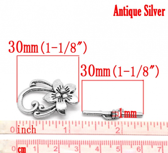 Picture of Zinc Based Alloy Toggle Clasps Flower Antique Silver Color Flower 30mm x 6mm 30mm x 20mm, 10 Sets