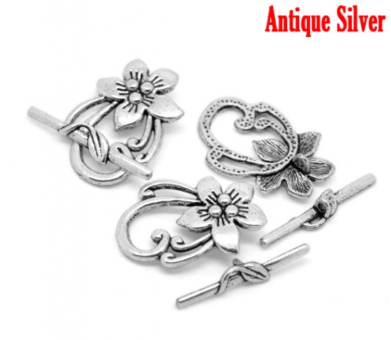 Picture of Zinc Based Alloy Toggle Clasps Flower Antique Silver Color Flower 30mm x 6mm 30mm x 20mm, 10 Sets