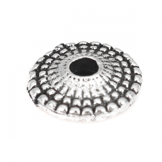 Picture of Zinc Based Alloy Spacer Beads Bicone Flying Saucer Antique Silver Color Dot Carved About 8mm Dia, Hole:Approx 1.9mm, 70 PCs