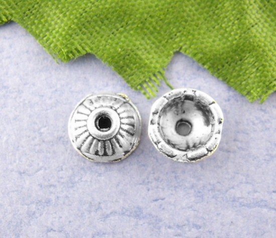 Immagine di Lega di Zinco Separatori Copertura delle Perline Tondo Argento Antico Striscia Disegno Circa 7mm Dia, Foro:Circa 1.6mm, 80 Pz