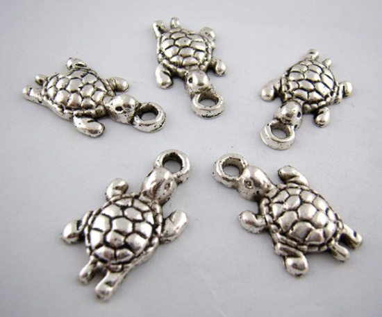 Picture of Ocean Jewelry Zinc Based Alloy Charms Tortoise Animal Antique Silver Color 24mm(1") x 13mm( 4/8"), 25 PCs