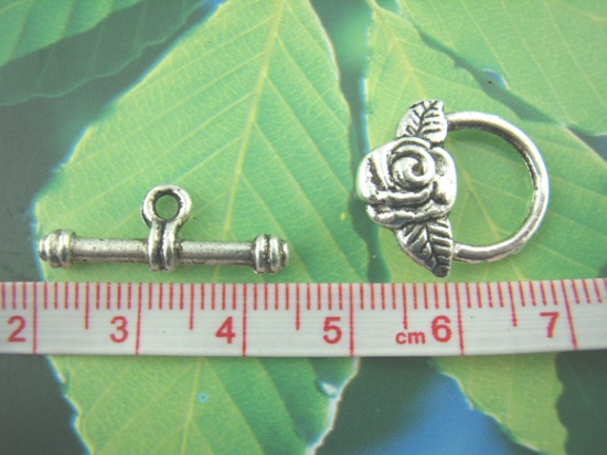Picture of Zinc Based Alloy Toggle Clasps Round Antique Silver Color Flower 23mm x 8mm 19mm x 17mm, 20 Sets