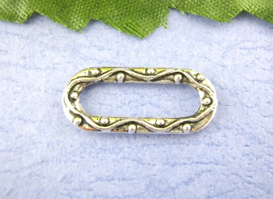 Picture of Zinc Metal Alloy Connectors Findings Oval Antique Silver Color Pattern Carved 9mm x 20mm, 50 PCs