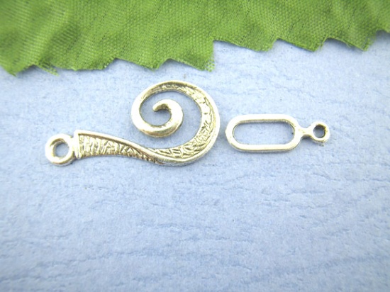 Picture of Zinc Based Alloy Hook Clasps Swirl Antique Silver Color 26mm x 13mm 16mm x 6mm, 30 Sets