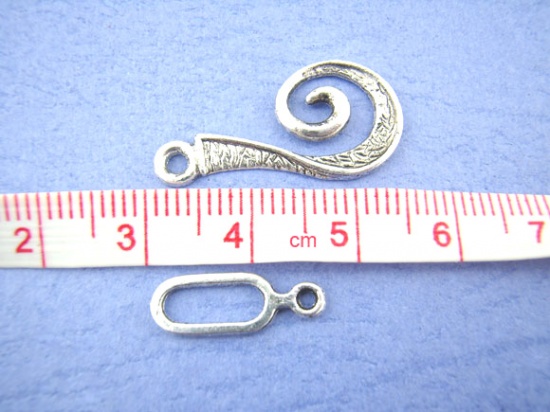 Picture of Zinc Based Alloy Hook Clasps Swirl Antique Silver Color 26mm x 13mm 16mm x 6mm, 30 Sets