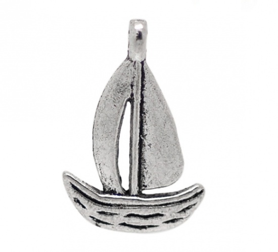Picture of 50PCs Sailing Boat Charms Pendants 13*19mm Findings