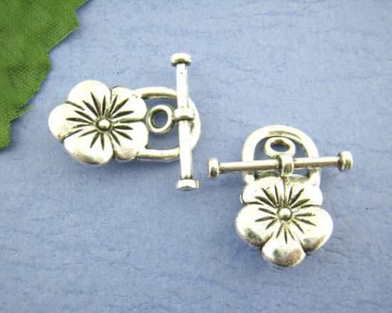 Picture of Zinc Based Alloy Toggle Clasps Flower Antique Silver Color Flower 22mm x 13mm 21mm x 8mm, 20 Sets