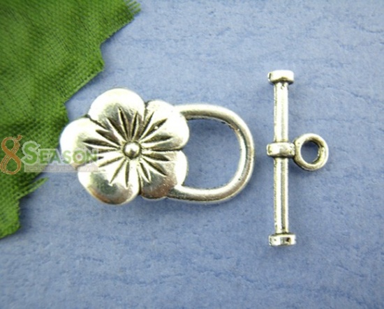 Picture of Zinc Based Alloy Toggle Clasps Flower Antique Silver Color Flower 22mm x 13mm 21mm x 8mm, 20 Sets