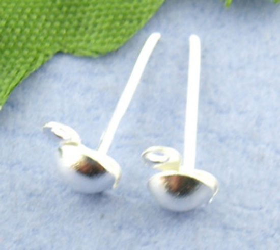 Picture of Alloy Ear Post Stud Earrings Findings Round Silver Plated W/ Loop 7x4mm, Post/ Wire Size: (21 gauge), 400 PCs