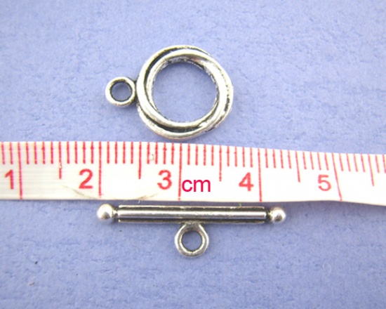 Picture of Zinc Based Alloy Toggle Clasps Double Rings Antique Silver Color 24mm x 7mm 17mm x 13mm , 30 Sets