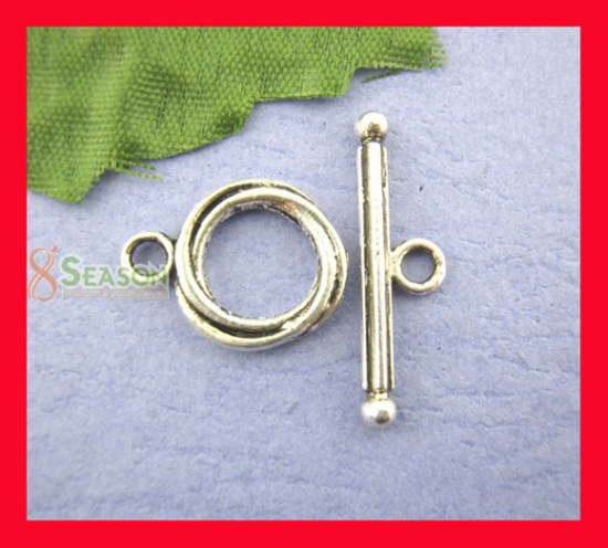 Picture of Zinc Based Alloy Toggle Clasps Double Rings Antique Silver Color 24mm x 7mm 17mm x 13mm , 30 Sets