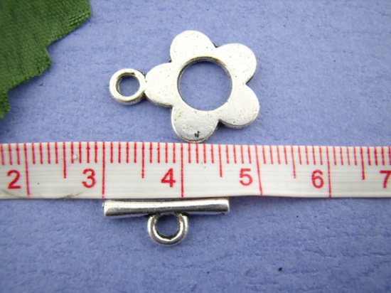 Picture of Zinc Based Alloy Toggle Clasps Flower Antique Silver Color 20mm x 16mm 16mm x 6mm, 25 Sets