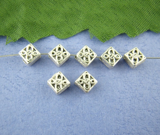 Picture of Zinc Based Alloy Spacer Beads Square Antique Silver Color Carved Pattern Color Plated About 5mm x 5mm, Hole: Approx 1mm, 120 PCs