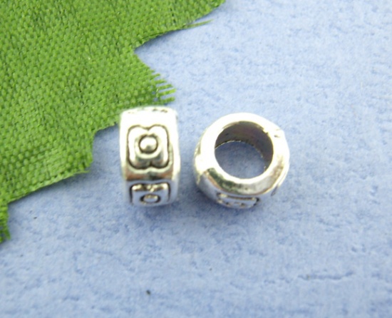Picture of Zinc Based Alloy Spacer Beads Cylinder Antique Silver Color Flower Carved About 7mm x4mm, Hole:Approx 4mm, 80 PCs