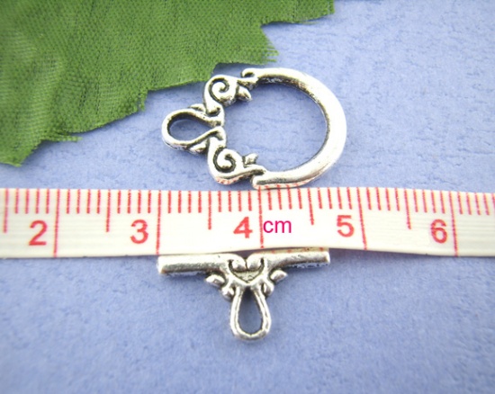Picture of Zinc Based Alloy Toggle Clasps Irregular Antique Silver Color Carved Pattern 20mm x 14mm 17mm x 9mm, 25 Sets