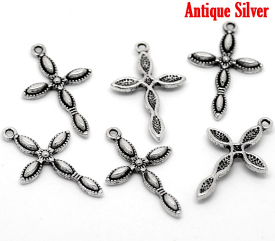 Picture of Zinc Based Alloy Easter Charms Latin Cross Antique Silver Color 29mm(1 1/8") x 18mm( 6/8"), 30 PCs