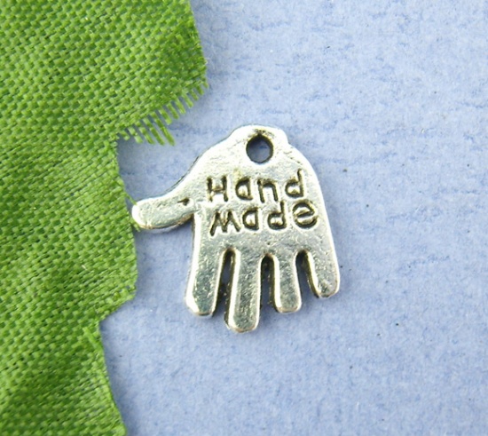 Picture of Zinc Based Alloy Charms Hand Antique Silver Message " Hand Made " Carved 12mm( 4/8") x 11mm( 3/8"), 80 PCs