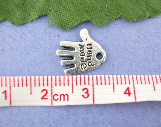 Picture of Zinc Based Alloy Charms Hand Antique Silver Message " Hand Made " Carved 12mm( 4/8") x 11mm( 3/8"), 80 PCs