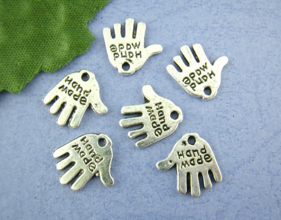 Picture of Zinc Based Alloy Charms Hand Antique Silver Message " Hand Made " Carved 12mm( 4/8") x 11mm( 3/8"), 80 PCs