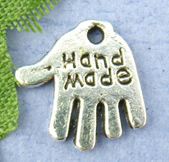 Picture of Zinc Based Alloy Charms Hand Antique Silver Message " Hand Made " Carved 12mm( 4/8") x 11mm( 3/8"), 80 PCs