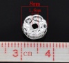 Picture of Brass Rondelle Spacer Beads Round Silver Plated Clear Rhinestone About 8mm( 3/8") Dia, Hole:Approx 1.6mm, 25 PCs                                                                                                                                              
