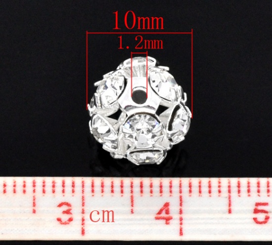 Picture of Brass Spacer Beads Ball Silver Plated Clear Rhinestone About 10mm( 3/8") Dia, Hole:Approx 1.2mm, 10 PCs                                                                                                                                                       