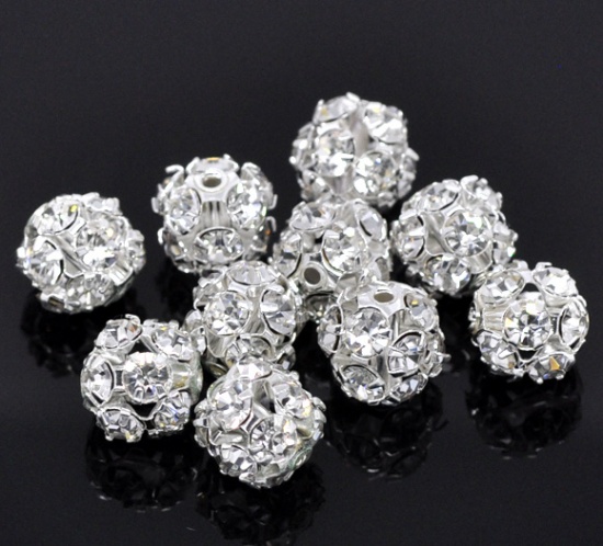 Picture of Brass Spacer Beads Ball Silver Plated Clear Rhinestone About 10mm( 3/8") Dia, Hole:Approx 1.2mm, 10 PCs                                                                                                                                                       