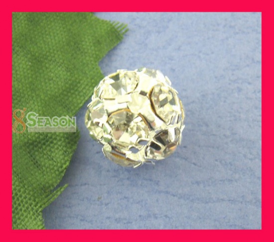 Picture of Brass Spacer Beads Ball Silver Plated Clear Rhinestone About 10mm( 3/8") Dia, Hole:Approx 1.2mm, 10 PCs                                                                                                                                                       