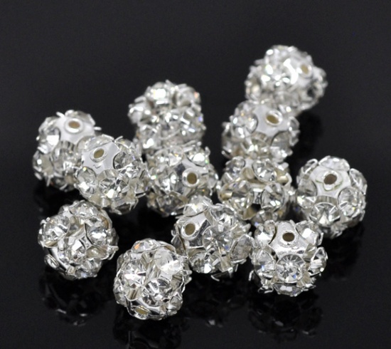 Picture of Brass Spacer Beads Ball Silver Plated Clear Rhinestone About 8mm( 3/8") Dia, Hole:Approx 1.2mm, 12 PCs                                                                                                                                                        