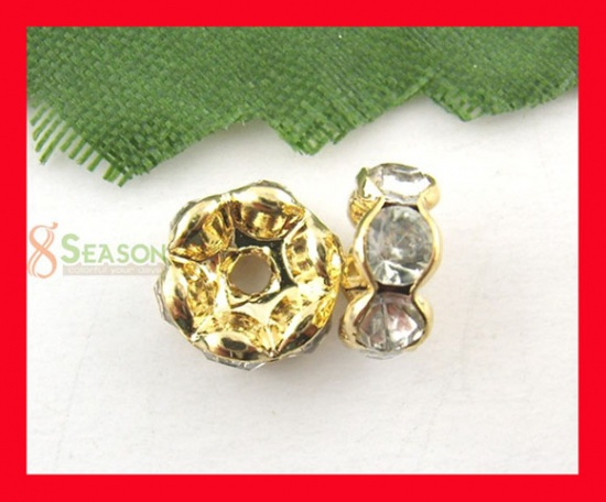 Picture of Brass Rondelle Spacer Beads Round Gold Plated Clear Rhinestone About 8mm( 3/8") Dia, Hole:Approx 1.6mm, 25 PCs                                                                                                                                                