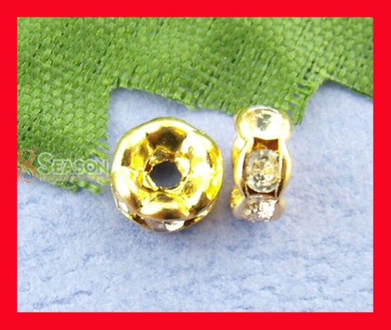 Picture of Brass Rondelle Spacer Beads Round Gold Plated Clear Rhinestone About 5mm( 2/8") Dia, Hole:Approx 1.2mm, 30 PCs                                                                                                                                                