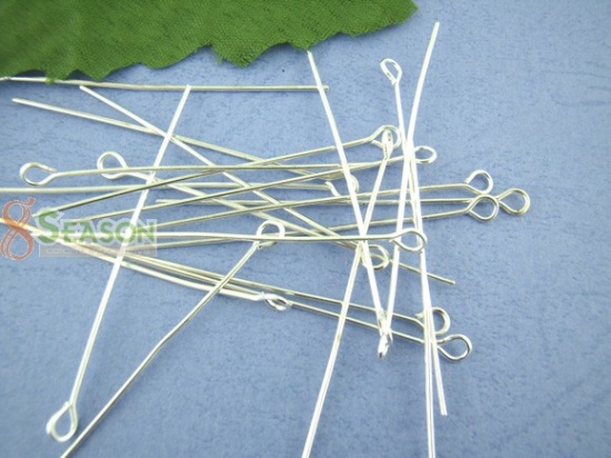 Picture of Iron Based Alloy Eye Pins Silver Plated 4.5cm(1 6/8") long, 0.7mm (21 gauge), 300 PCs
