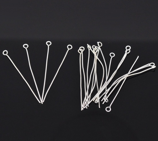 Picture of Alloy Eye Pins Silver Plated 4cm(1 5/8") long, 0.7mm (21 gauge), 350 PCs