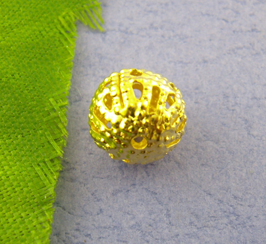 Picture of Alloy Filigree Spacer Beads Ball Gold Plated Hollow About 8mm Dia, Hole:Approx 0.8mm, 100 PCs