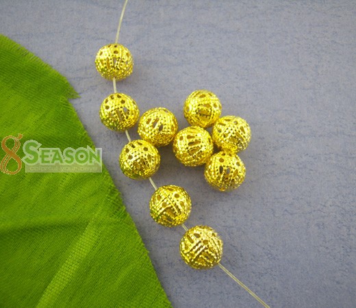 Picture of Alloy Filigree Spacer Beads Ball Gold Plated Hollow About 8mm Dia, Hole:Approx 0.8mm, 100 PCs