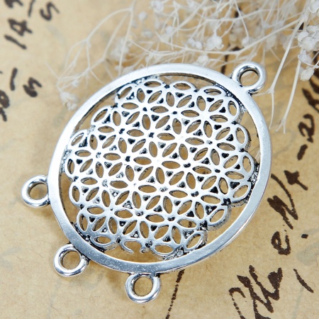 Zinc Based Alloy Flower Of Life Chandelier Connectors Findings Round Antique Silver 37mm x 29mm, 5 PCs