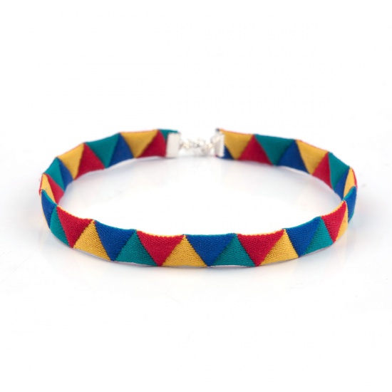 Picture of Fabric Boho Chic Elastic Choker Necklace Multicolor Cord Triangle Pattern 34cm(13 3/8") long, 1 Piece