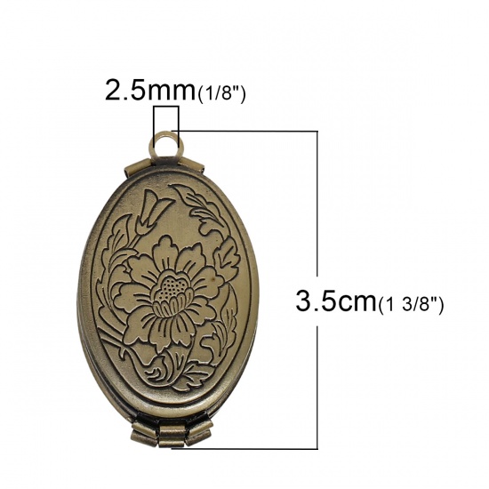 Picture of Copper Picture Photo Locket Frame Pendents Oval Antique Bronze Flower Carved Can Open (Fits 23mm x13mm( 7/8" x 4/8")) 35mm(1 3/8") x 20mm( 6/8"), 1 Piece