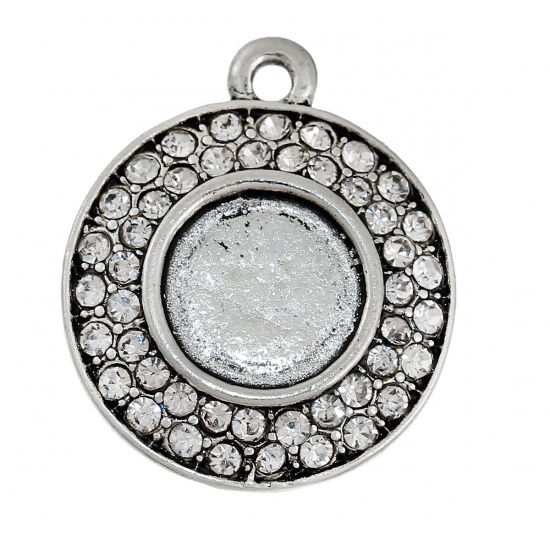 Picture of Zinc Based Alloy Charms Round Antique Silver Color (Fits 10mm Dia.) Clear Rhinestone 23mm x 20mm, 1 Piece