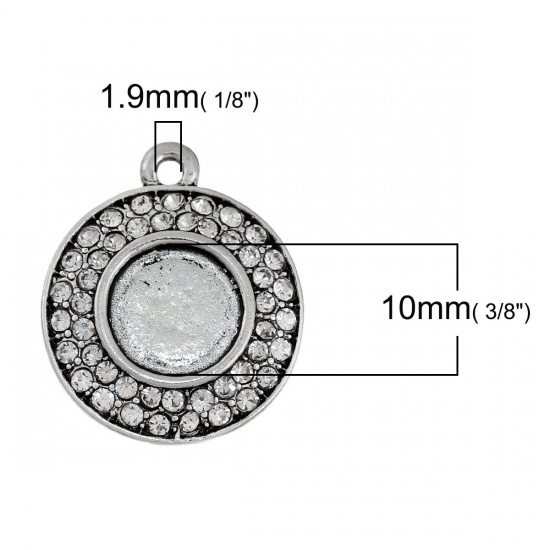 Picture of Zinc Based Alloy Charms Round Antique Silver Color (Fits 10mm Dia.) Clear Rhinestone 23mm x 20mm, 1 Piece