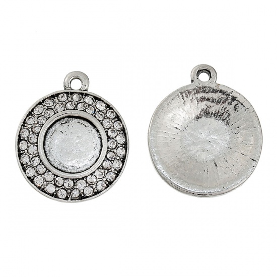 Picture of Zinc Based Alloy Charms Round Antique Silver Color (Fits 10mm Dia.) Clear Rhinestone 23mm x 20mm, 1 Piece