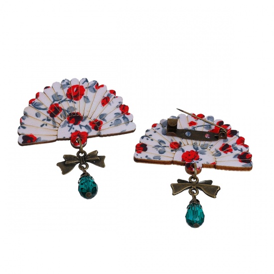 Picture of Wood Bow Pin Brooches Red Fan-shaped Flower W/ Peacock Green Drop Acrylic 60mm(2 3/8") x 48mm(1 7/8"), 1 Piece