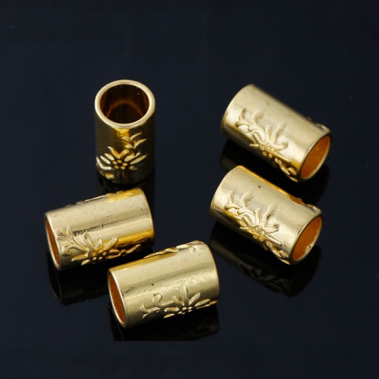 Immagine di Lega di Zinco Separatori Perline Cilindrico Oro Placcato Modello Scolpisce Circa 20mm x 13mm, 10 Pz