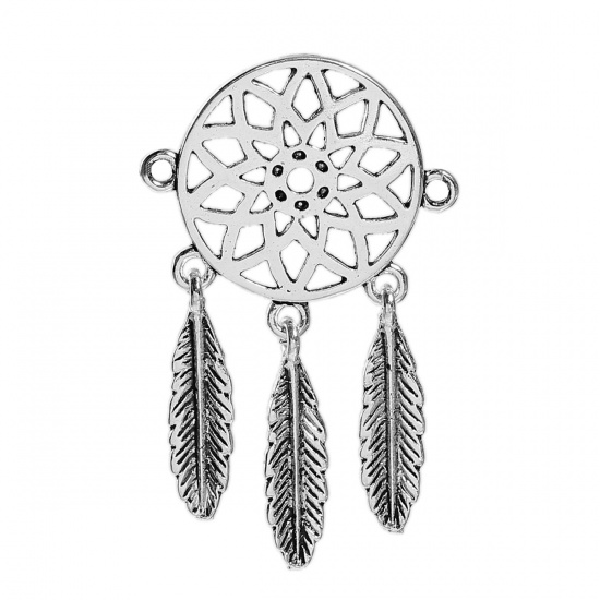 Picture of Zinc Based Alloy Connectors Findings Dream Catcher Antique Silver Pattern Carved Hollow 52mm x 31mm, 5 PCs