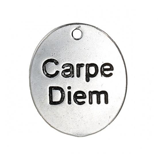 Picture of Zinc Based Alloy Charms Oval Antique Silver Message " Carpe Diem " Carved 29mm(1 1/8") x 25mm(1"), 5 PCs